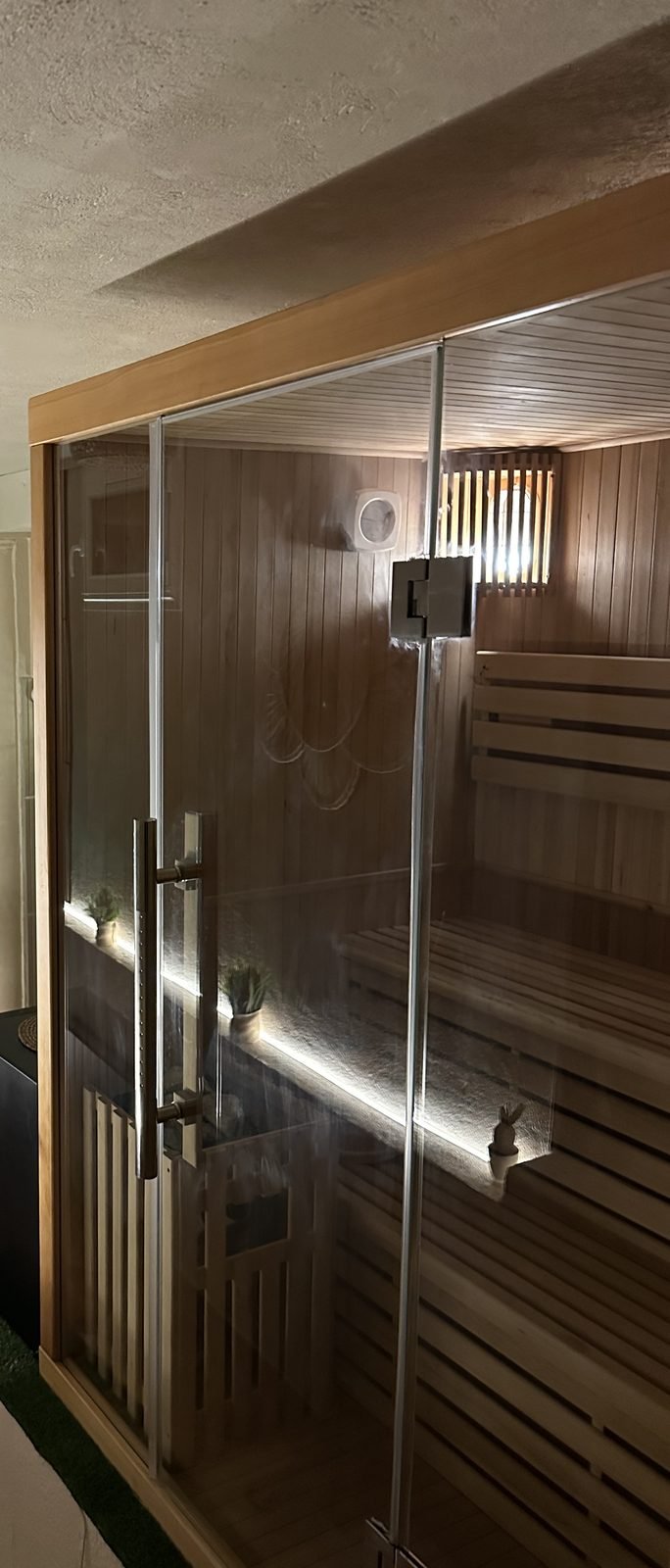 Sauna finlandais en bois avec porte vitrée